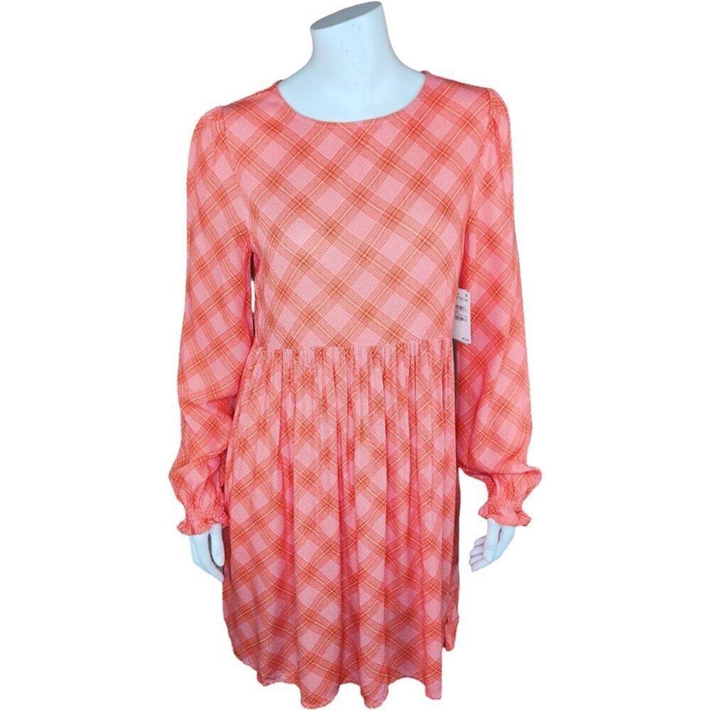NWT BP. Womens XS Pink Red Ian Bias Plaid Long Balloon Sleeve Midi Dress…